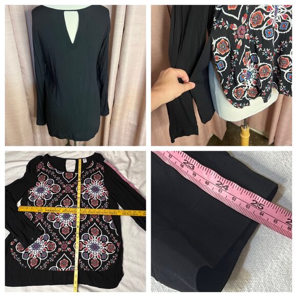 Old Navy Women Long Sleeve Blouse Folk Art Print Large 100% Rayon Office Casual - Picture 10 of 16